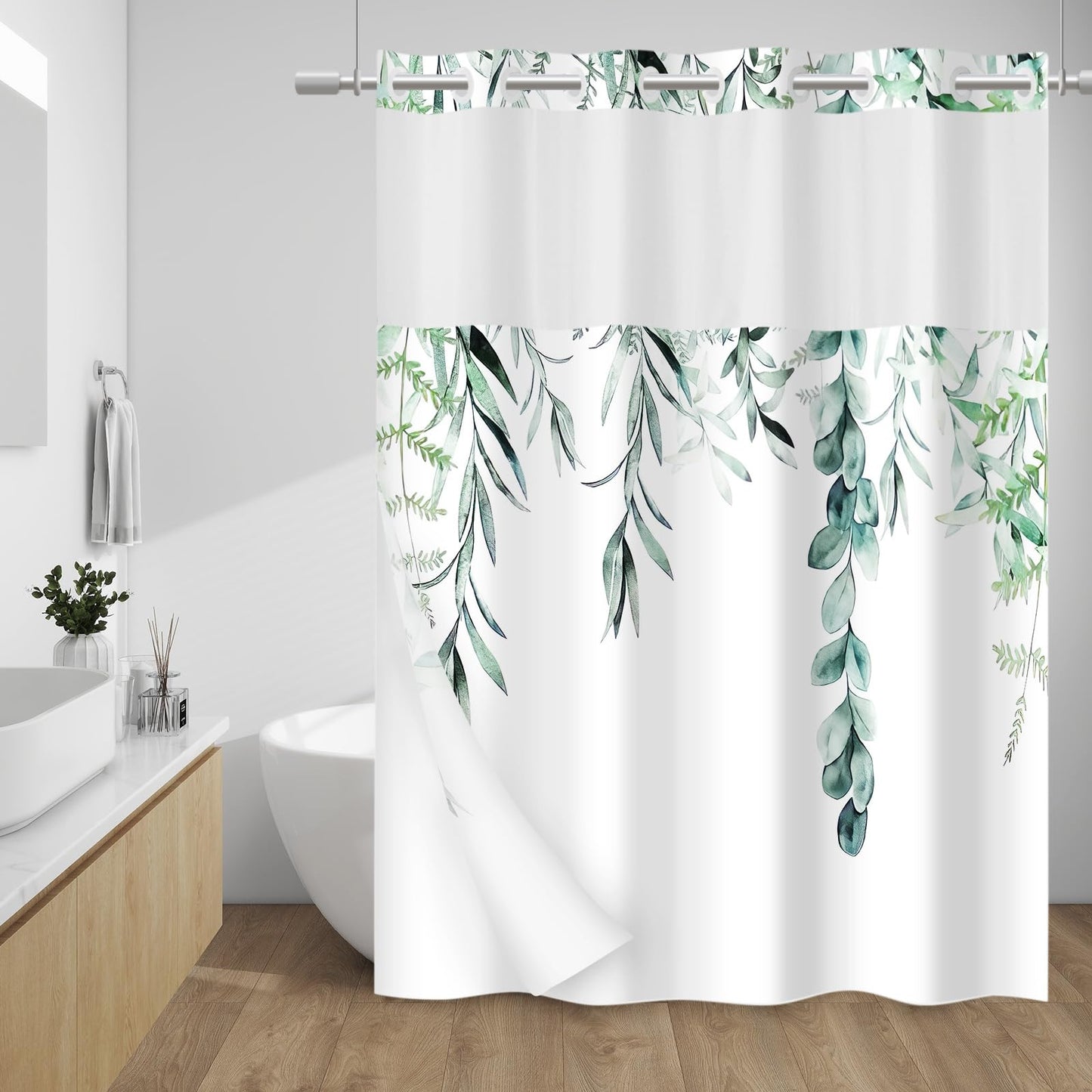 WITHLOC No Hook Shower Curtain with Snap in Liner - Fabric Waterproof Inner Liner, Plants Watercolor Green Eucalyptus Leaves Farmhouse Cloth Shower Curtains - Machine Washable, 71 x 74 Inch