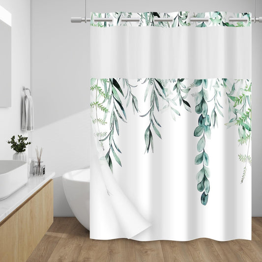 WITHLOC No Hook Shower Curtain with Snap in Liner - Fabric Waterproof Inner Liner, Plants Watercolor Green Eucalyptus Leaves Farmhouse Cloth Shower Curtains - Machine Washable, 71 x 74 Inch