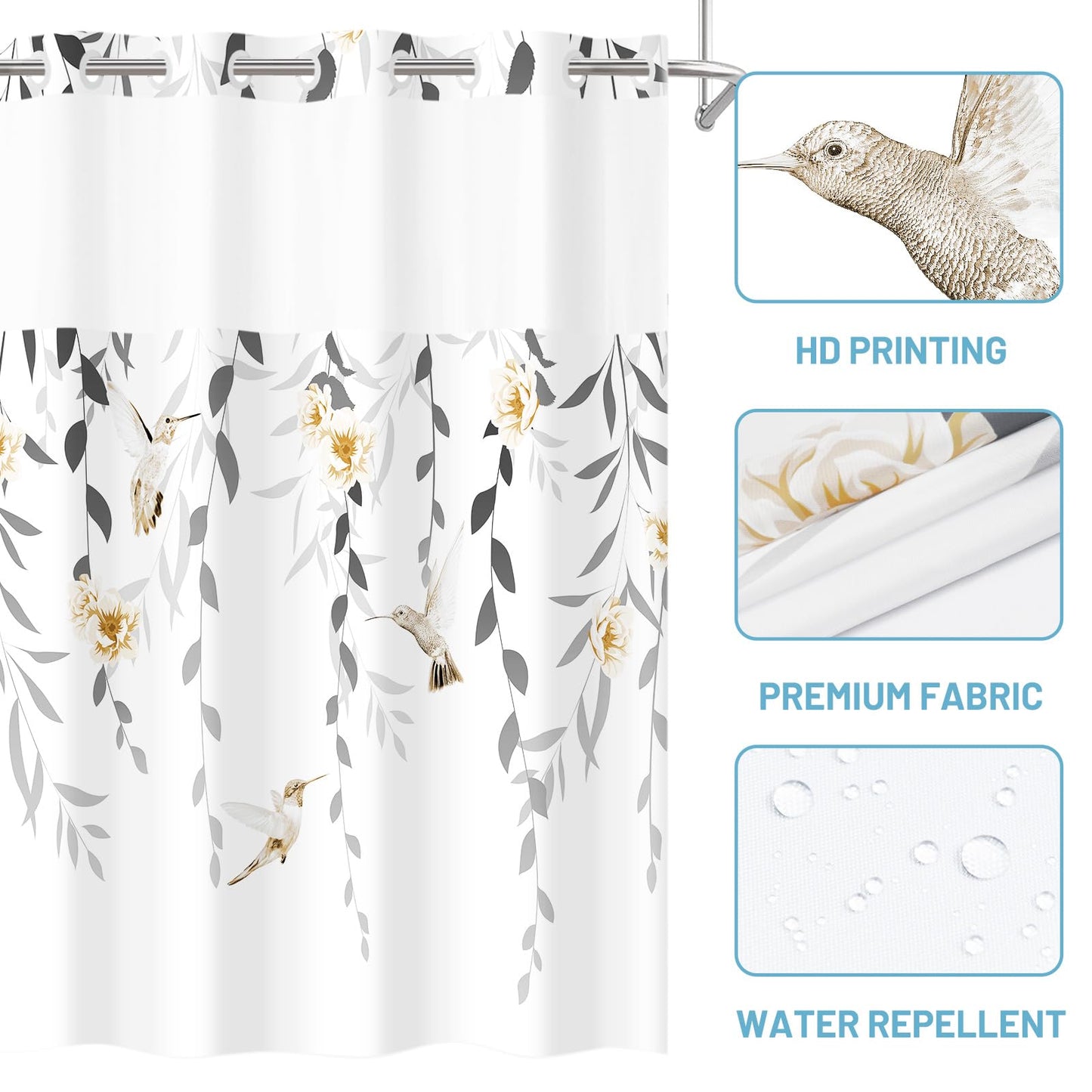 WITHLOC No Hook Shower Curtain with Snap in Liner - Fabric Waterproof Inner Liner, Plants Yellow Floral Grey Nature Birds Cloth Shower Curtains Washable, 71 x 74 Inch