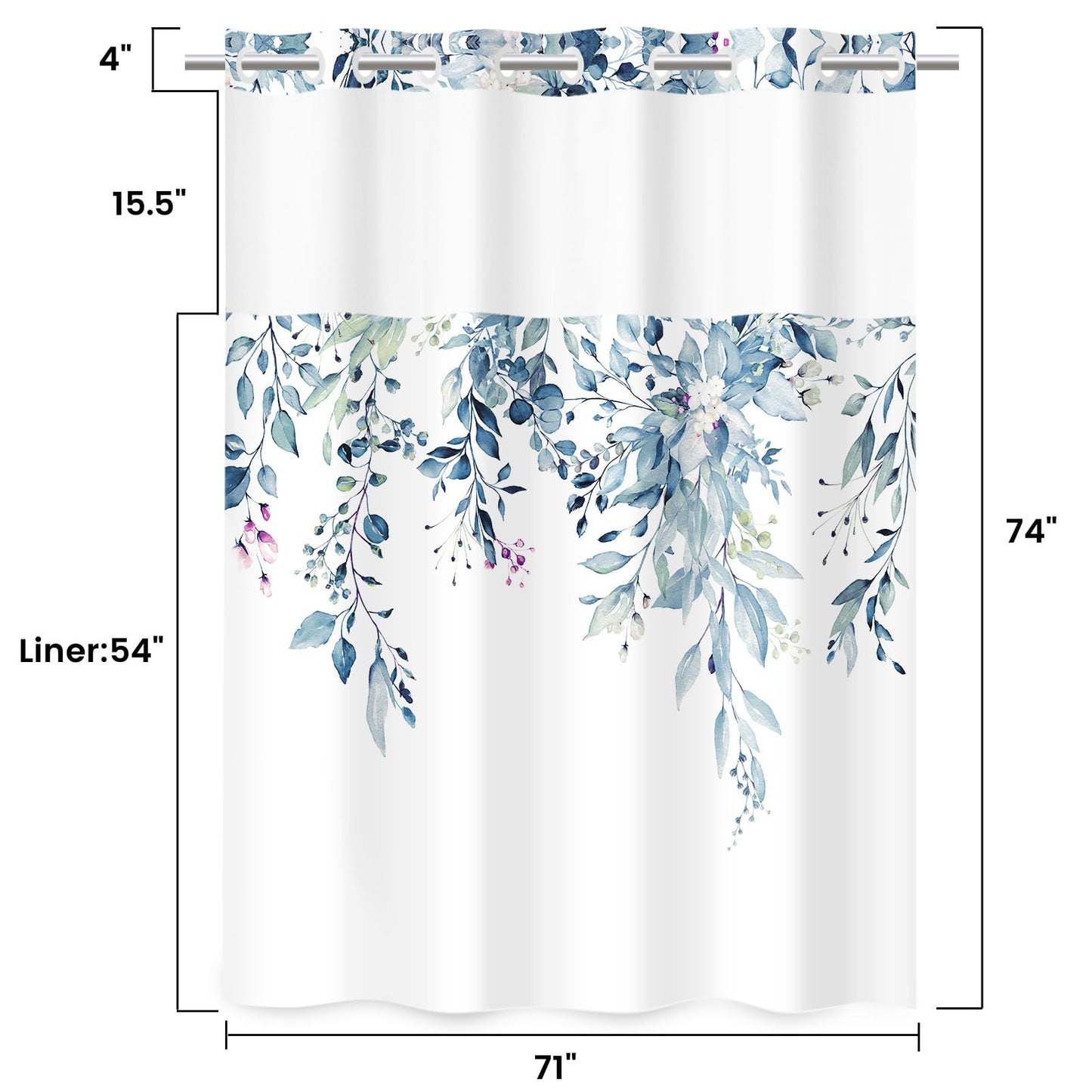 WITHLOC No Hook Shower Curtain with Snap in Liner - Eucalyptus Shower Curtain - Fabric Waterproof Inner Liner, Plants Blue Leaves Modern Shower Curtains - Machine Washable, 71 x 74