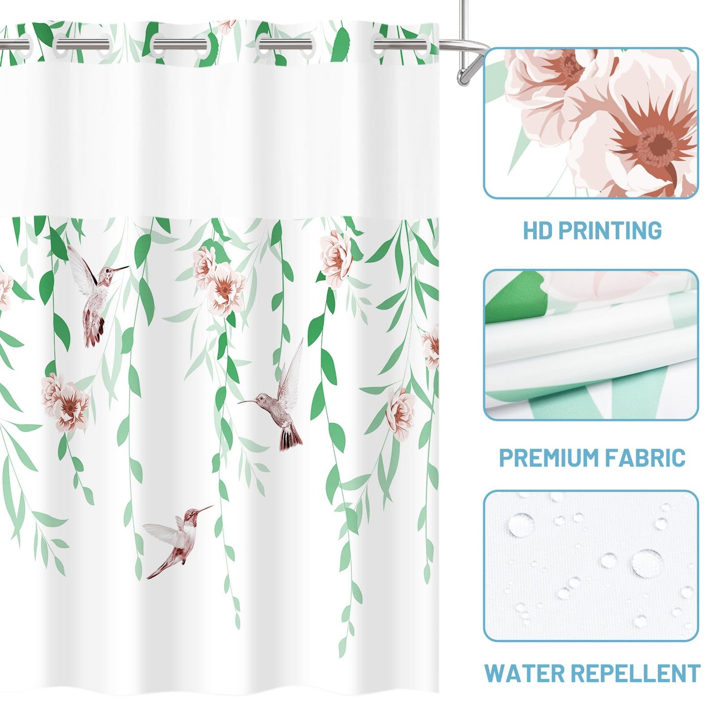 WITHLOC No Hook Shower Curtain with Snap in Liner - Fabric Waterproof Inner Liner, Plants Green Floral Pink Nature Birds Cloth Shower Curtains Washable, 71 x 74 Inch