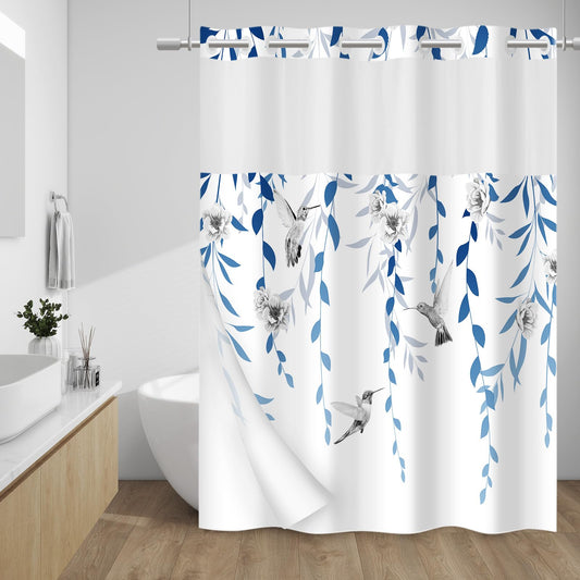 WITHLOC No Hook Shower Curtain with Snap in Liner - Fabric Waterproof Inner Liner, Plants Blue Floral Grey Nature Birds Cloth Shower Curtains Washable, 71 x 74 Inch