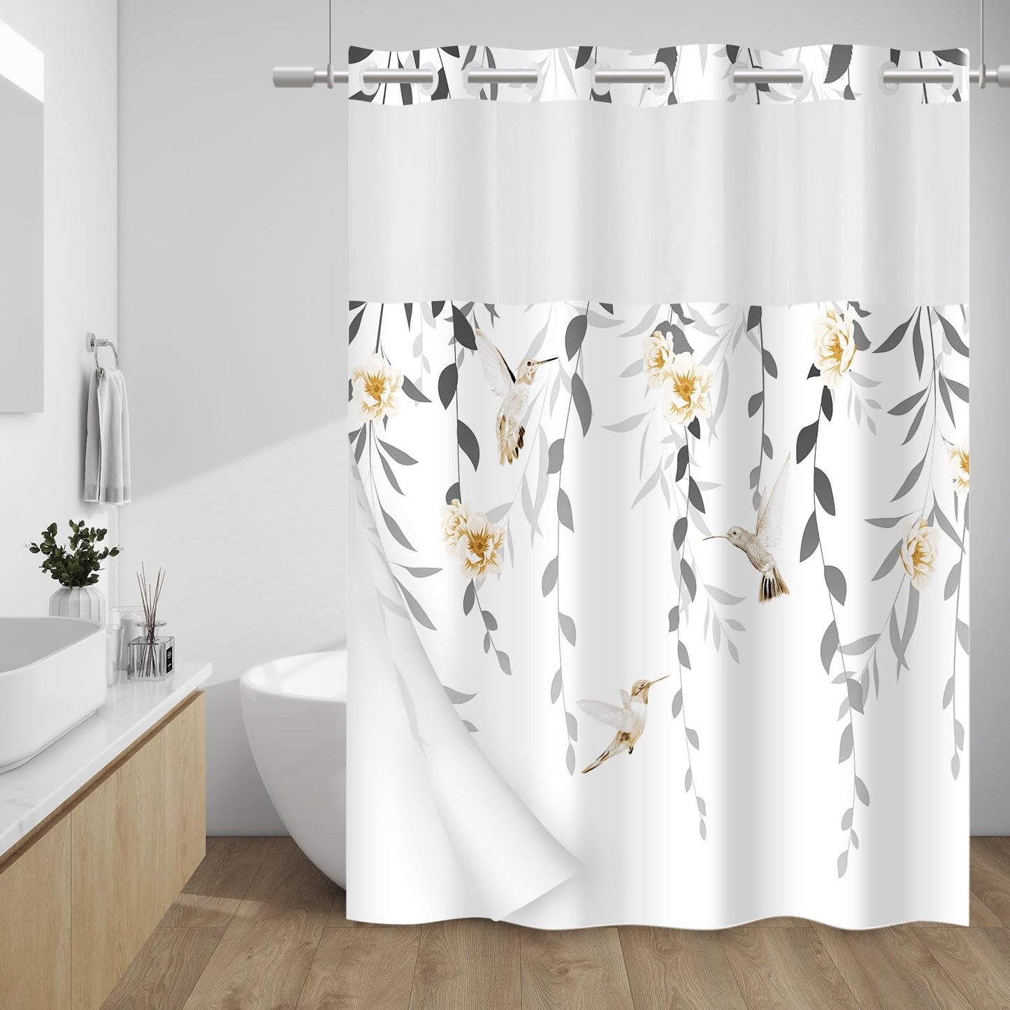 WITHLOC No Hook Shower Curtain with Snap in Liner - Fabric Waterproof Inner Liner, Plants Yellow Floral Grey Nature Birds Cloth Shower Curtains Washable, 71 x 74 Inch