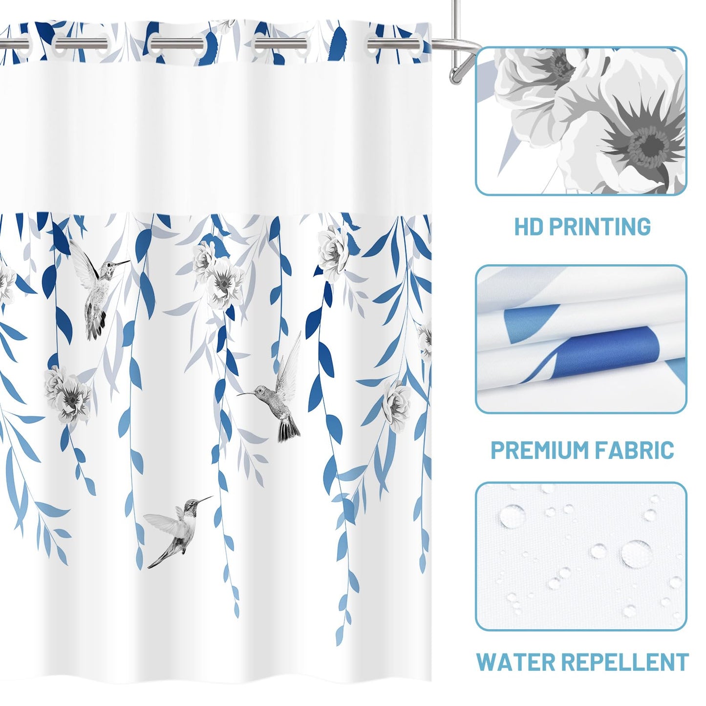 WITHLOC No Hook Shower Curtain with Snap in Liner - Fabric Waterproof Inner Liner, Plants Blue Floral Grey Nature Birds Cloth Shower Curtains Washable, 71 x 74 Inch