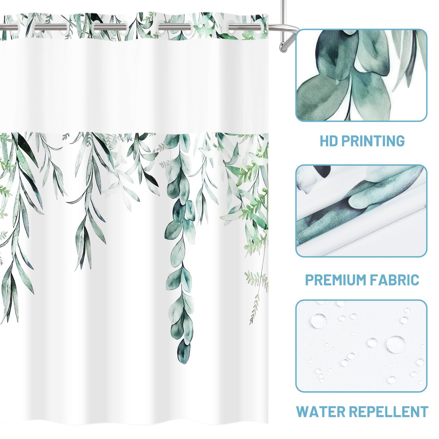 WITHLOC No Hook Shower Curtain with Snap in Liner - Fabric Waterproof Inner Liner, Plants Watercolor Green Eucalyptus Leaves Farmhouse Cloth Shower Curtains - Machine Washable, 71 x 74 Inch