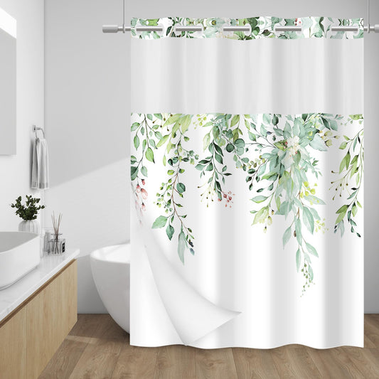 WITHLOC No Hook Shower Curtain with Snap in Liner - Eucalyptus Shower Curtain - Fabric Waterproof Inner Liner, Plants Sage Green Leaves Modern Shower Curtains - Machine Washable, 71 x 74