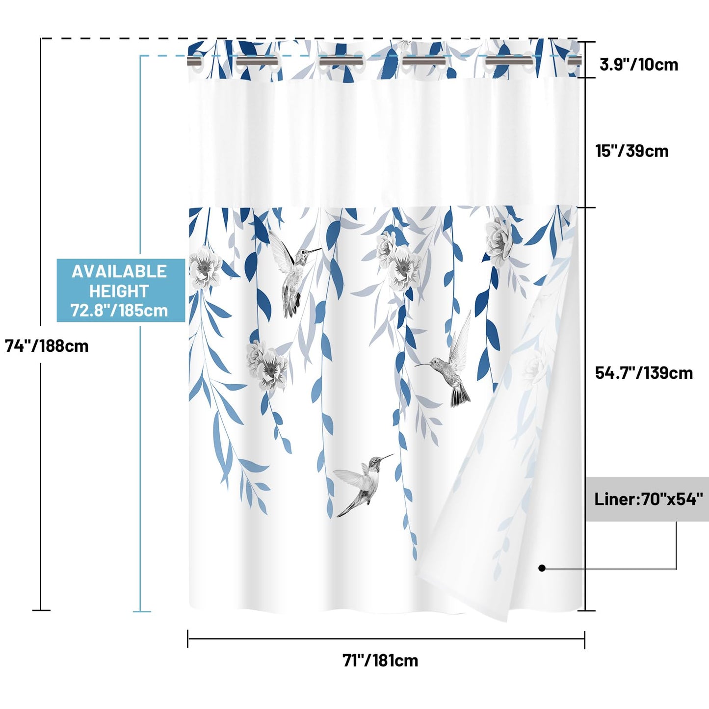 WITHLOC No Hook Shower Curtain with Snap in Liner - Fabric Waterproof Inner Liner, Plants Blue Floral Grey Nature Birds Cloth Shower Curtains Washable, 71 x 74 Inch