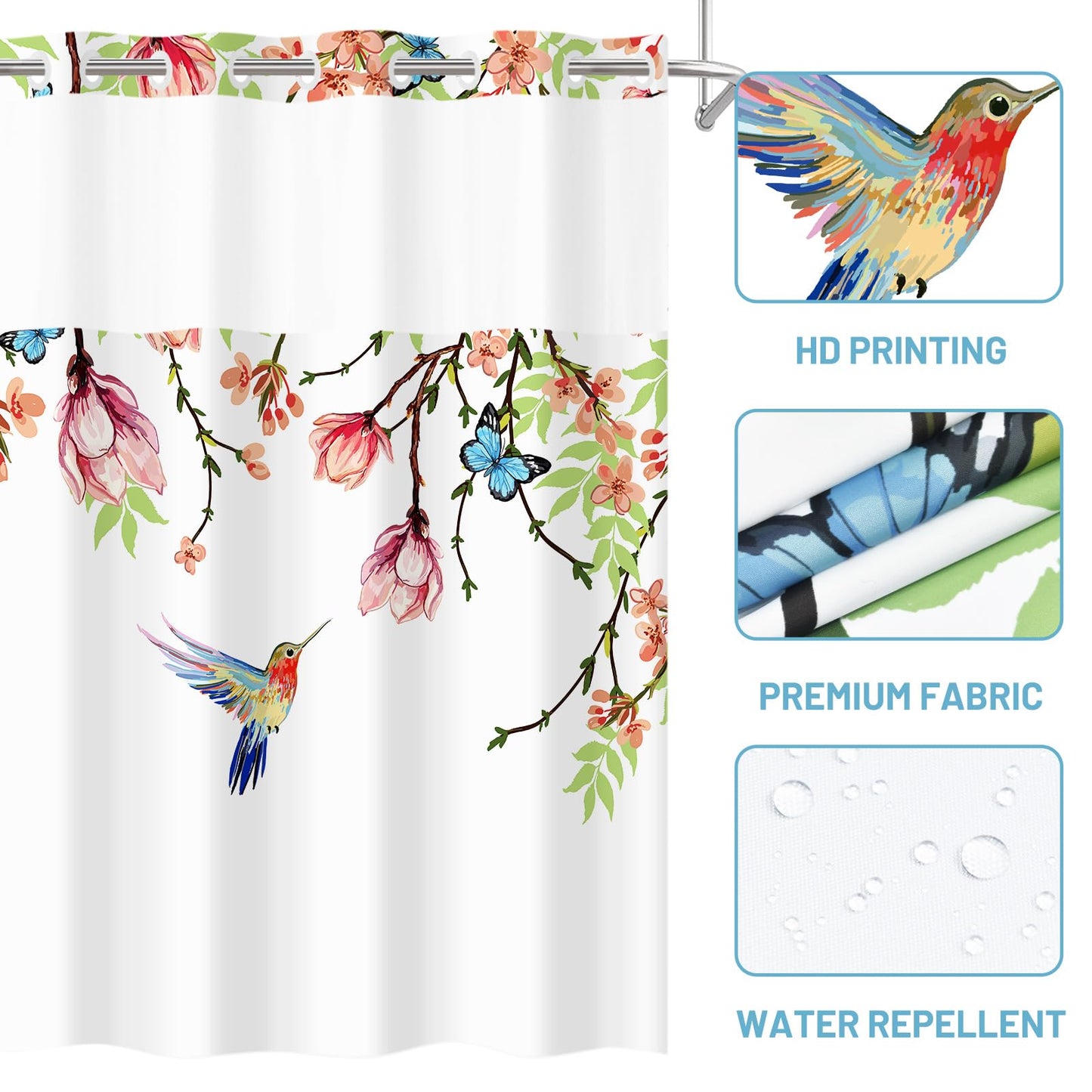 WITHLOC No Hook Shower Curtain with Snap in Liner - Fabric Waterproof Inner Liner, Plants Pink Floral Blue Nature Birds Cloth Shower Curtains Washable, 71 x 74 Inch