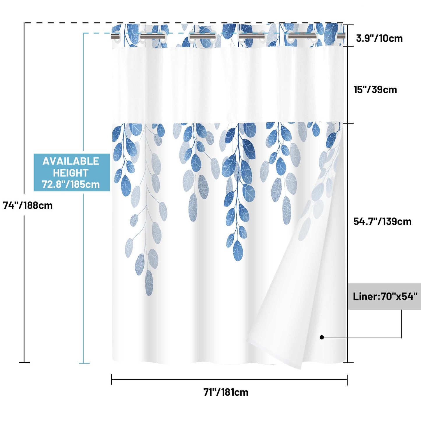 WITHLOC No Hook Shower Curtain with Snap in Liner - Eucalyptus Shower Curtain - Fabric Waterproof Inner Liner, Plants Blue Leaves Farmhouse Cloth Shower Curtains - Machine Washable, 71 x 74 Inch