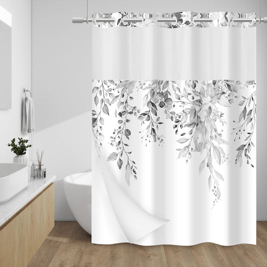 WITHLOC No Hook Shower Curtain with Snap in Liner - Eucalyptus Shower Curtain - Fabric Waterproof Inner Liner, Plants Grey Leaves Modern Shower Curtains - Machine Washable, 71 x 74