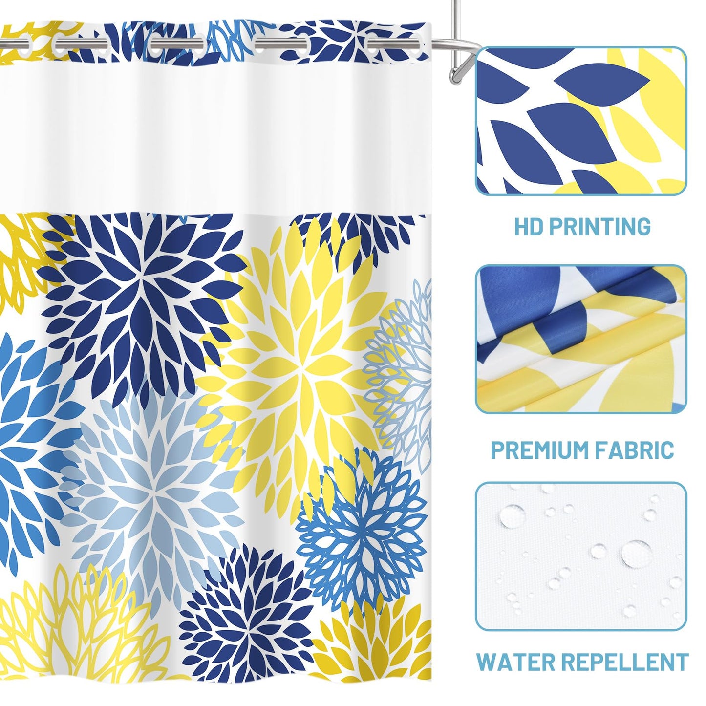 WITHLOC No Hook Shower Curtain with Snap in Liner - Dahlia Floral Shower Curtain - Fabric Waterproof Inner Liner, Plants Yellow Navy Blue Flowers Cloth Shower Curtains - Machine Washable, 71 x 74