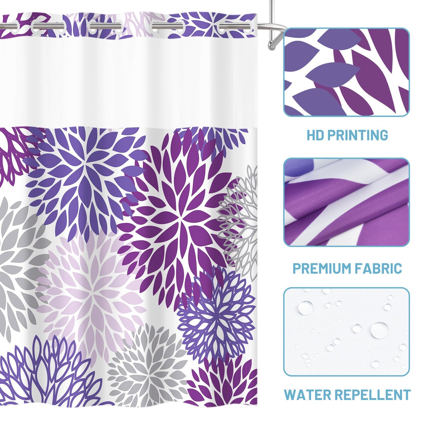 WITHLOC No Hook Shower Curtain with Snap in Liner - Dahlia Floral Shower Curtain - Fabric Waterproof Inner Liner, Plants Purple Grey Flowers Modern Cloth Shower Curtains - Machine Washable, 71 x 74