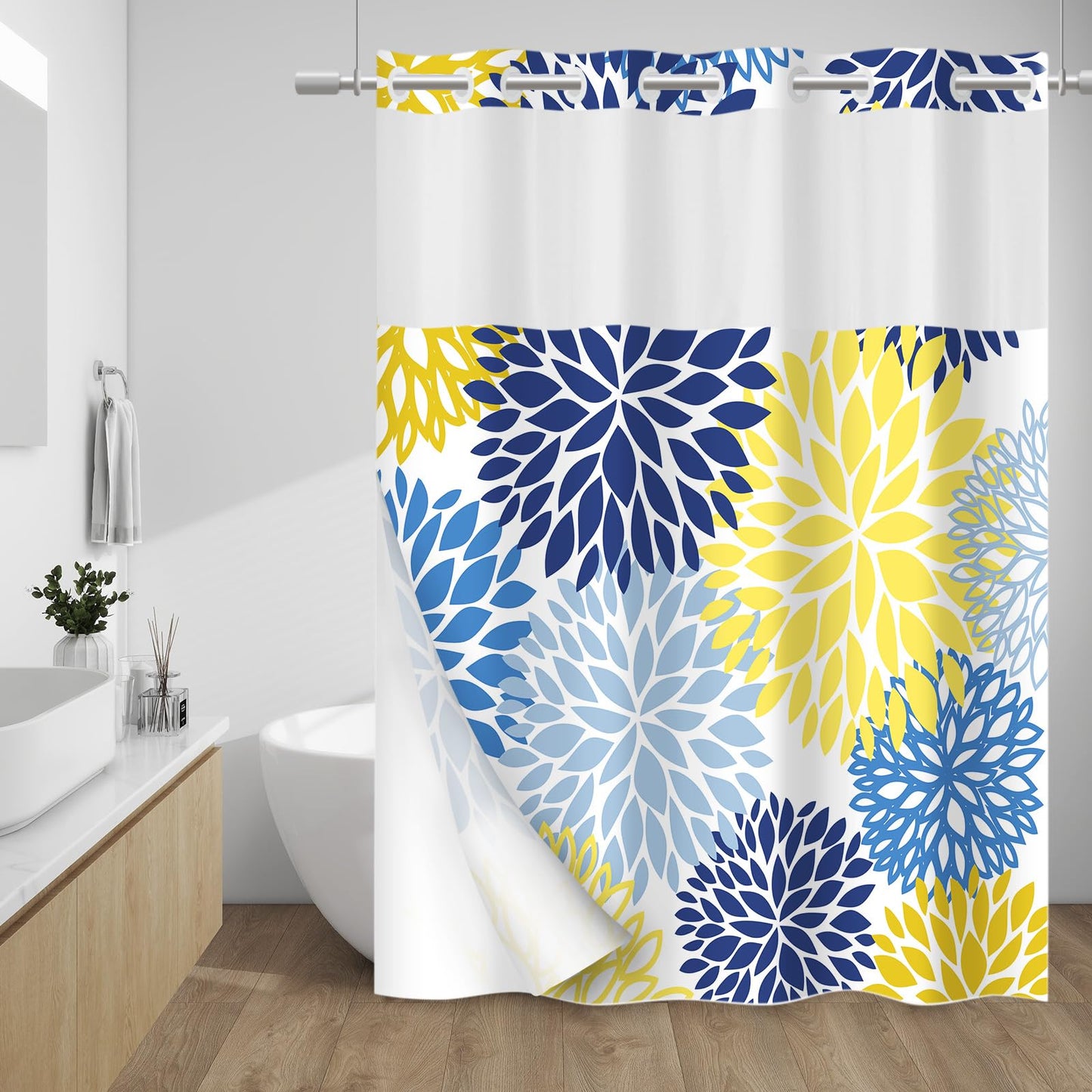 WITHLOC No Hook Shower Curtain with Snap in Liner - Dahlia Floral Shower Curtain - Fabric Waterproof Inner Liner, Plants Yellow Navy Blue Flowers Cloth Shower Curtains - Machine Washable, 71 x 74