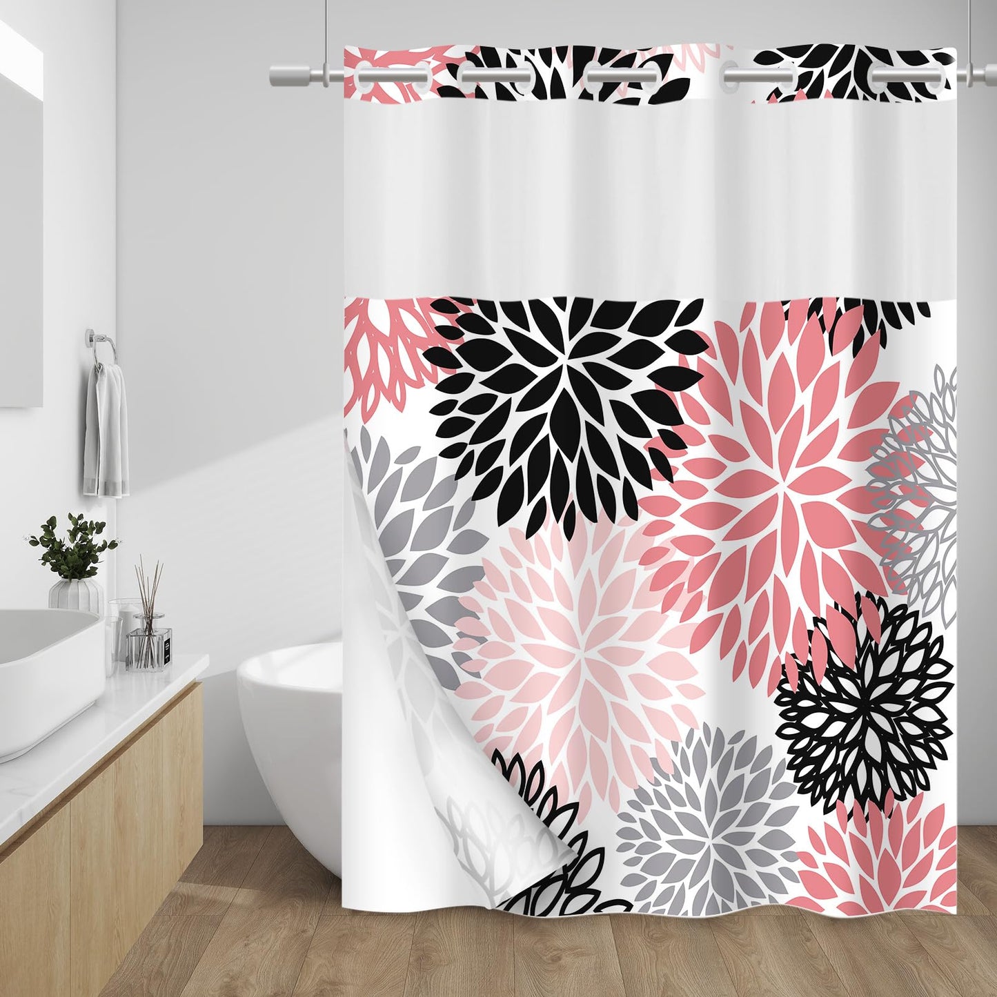 WITHLOC No Hook Shower Curtain with Snap in Liner - Dahlia Floral Shower Curtain - Fabric Waterproof Inner Liner, Plants Pink Grey Flowers Modern Cloth Shower Curtains - Machine Washable, 71 x 74