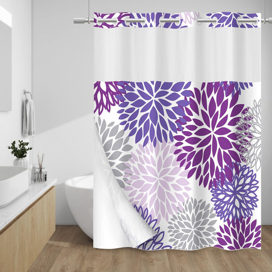 WITHLOC No Hook Shower Curtain with Snap in Liner - Dahlia Floral Shower Curtain - Fabric Waterproof Inner Liner, Plants Purple Grey Flowers Modern Cloth Shower Curtains - Machine Washable, 71 x 74