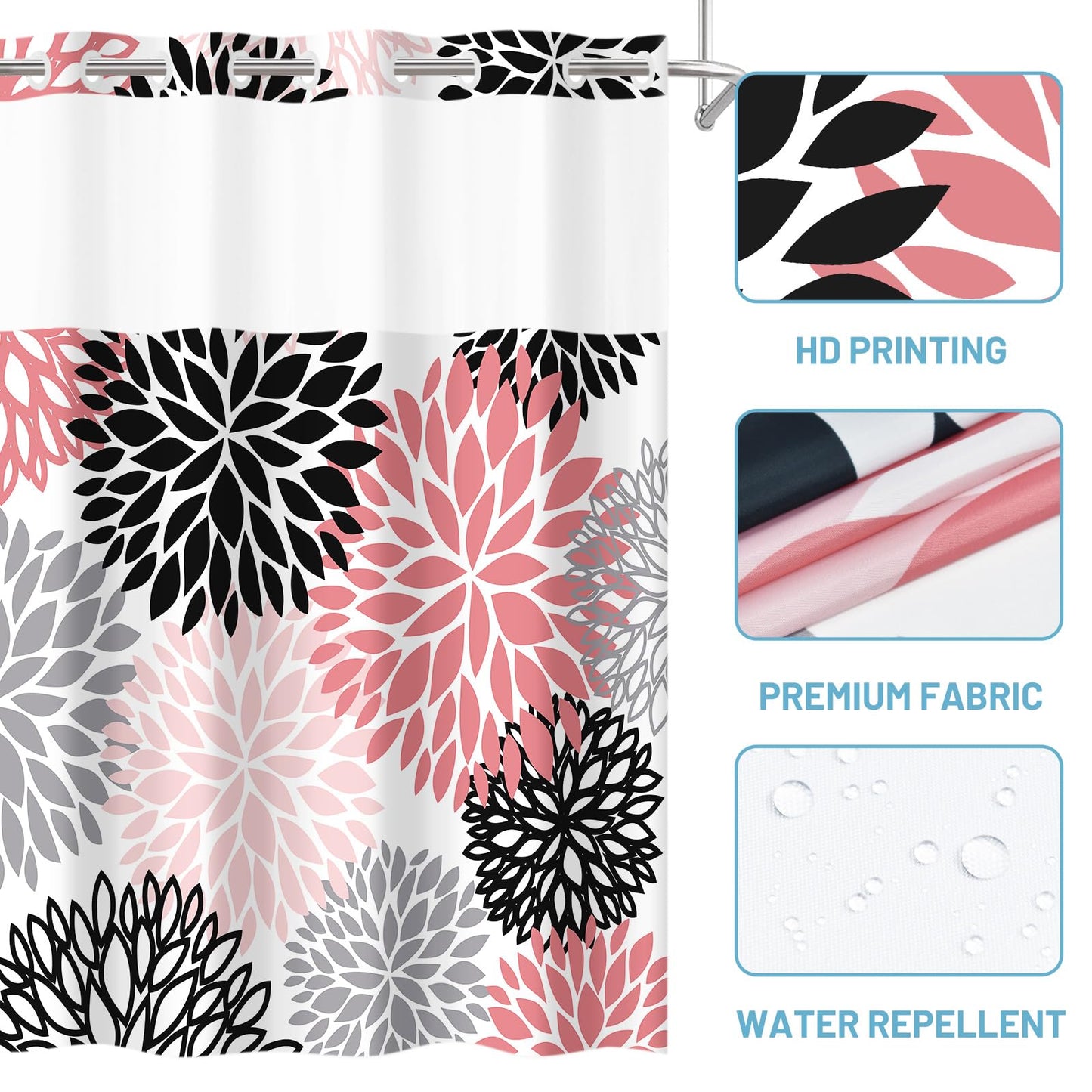 WITHLOC No Hook Shower Curtain with Snap in Liner - Dahlia Floral Shower Curtain - Fabric Waterproof Inner Liner, Plants Pink Grey Flowers Modern Cloth Shower Curtains - Machine Washable, 71 x 74